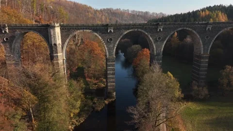 Smooth Horizontal Drone Flight Close to Viaduct in Autumn Mountains Stock Footage 320840105