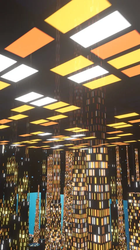 Smooth lateral movement past luminous geometric landmark, Vertical 9:16 4K Stock-Footage 336840714