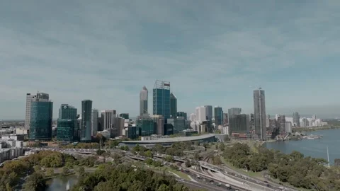 Smooth left-to-right aerial drone shot of Perth CBD, capturing busy traffic Stock Footage 344218611
