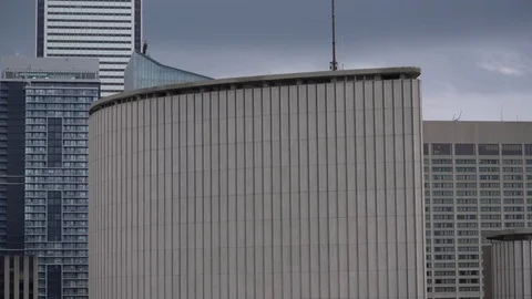 Smooth left to right close up establishing pan of Toronto sky line with sound Stock Footage 81684953