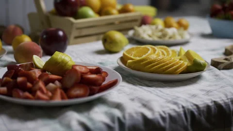 Smooth, medium tracking shot across counter filled with delicious and various Stock Footage 341189492