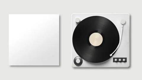 A smooth minimal animation of a vinyl record disc moving out of an album cover Видео 230241377