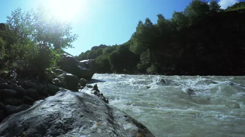 Smooth panorama stream high mountains in Upper Svaneti, Georgia. Stock-Footage 58880318