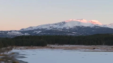 Smooth panoramic movement at Laguna La Zeta on frozen lake and forest side with Stock Footage 313572242