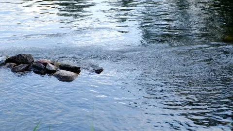 Smooth, peaceful river flow with rock swirls. 4K Stock Footage 137955454
