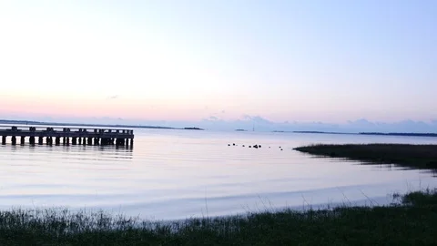 Smooth rippling water by a marsh and dock Stock Footage 77839088