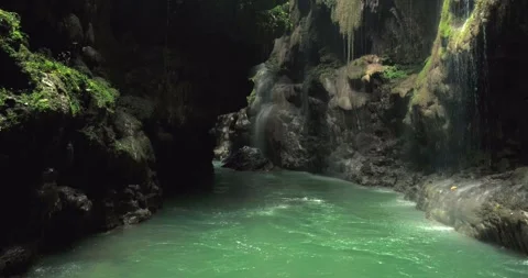 Smooth River Stream Flow Through Tropical Jungle Canyon Aerial Stock Footage 332606322