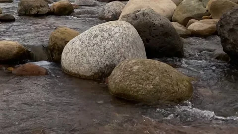 Smooth rounded boulders resting in a shallow flowing stream river in Bangladesh Stock Footage 345667241