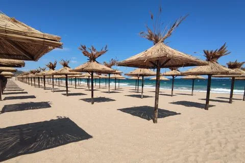 Smooth rows of thatched beach umbrellas on an empty sunny beach Stock Photos