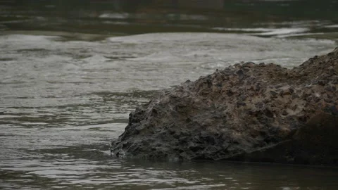 A smooth running water, a close in capture of a big rock in between Stock Footage 225740575