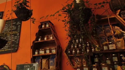 Smooth slide shot of restaurant wall decoration Stock-Footage 121385042