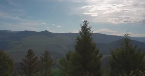 Smooth Steadicam shot across forest and mountain landscape Stock Footage 346180239