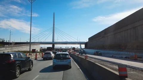 Smooth &amp; Steady Driving Shot of Saint-Jacques Bridge on Highway 15 S Video stock 123533816