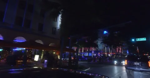 Smooth &amp; steady driving shot through the streets of Miami South Beach at night Video stock 75333188