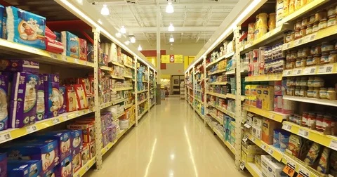 Smooth &amp; steady shot inside grocery store lane Stock Footage 76156345