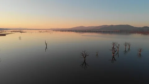 Smooth still lake at sunset showing wide vista with tree reflections. Stock Footage 108557197
