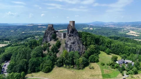 Smooth Top-Down Drone Approach to Trosky Castle Stock Footage 313673639