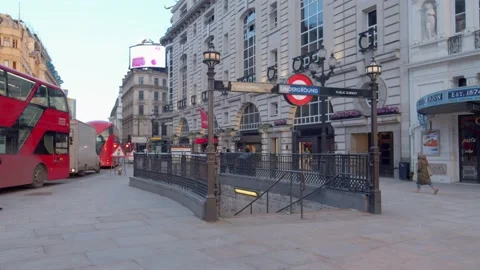 Smooth tracking shot of Piccadilly Circus underground station entrance Stock Footage 148628603