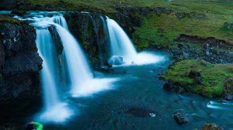 Smooth Triple Waterfall Time Lapse in Summer Mountain Landscape.  Stock Footage 52423611