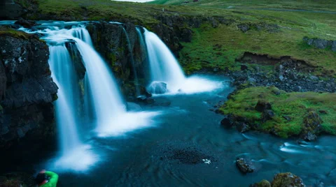 Smooth Triple Waterfall Time Lapse in Summer Mountain Landscape. Iceland. Stock Footage 52423695