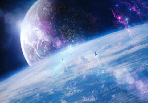 Smooth Unique Artistic Planet Flows Into a Beautiful Smooth Galaxy Background Stock Illustration