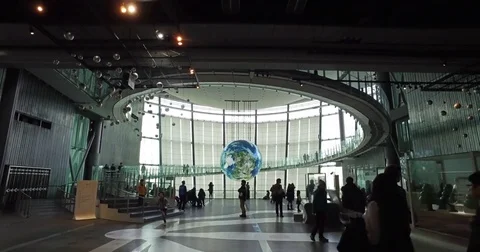 Smooth walk to world globe at Miraikan Museum in Tokyo Stock Footage