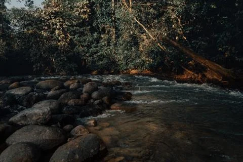 Smooth waterfall on dark-colored rocks Stock-Fotos