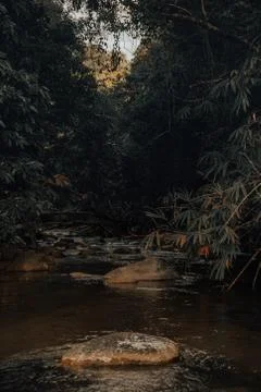 Smooth waterfall on dark-colored rocks Stock Photos