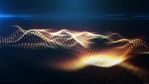 A smooth wave of golden particles on a dark background, with a warm, glowin.. Stock Illustration