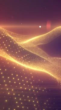 Smooth waves of glowing golden particles flow through a dreamy violet space Stock Illustration