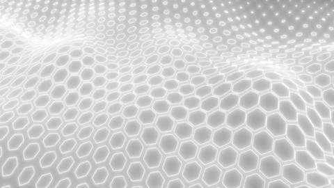Smooth white hexagonal light mesh forming a flowing 3D surface, representin.. Stock Illustration
