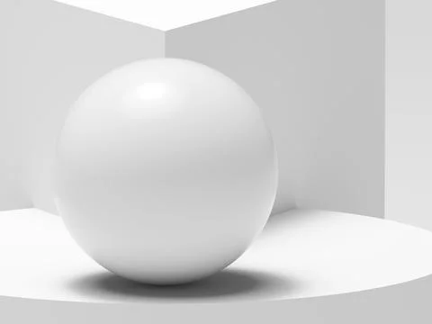 A smooth white sphere is in a bright, minimalistic geometric environment, 3 d Stock Illustration