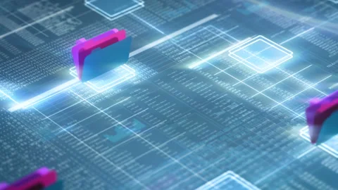 Smooth zoom on digital board with code segments, network folder structures Stock Footage 282429576