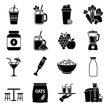 Smoothie bar icon set featuring blender, mason jar drinks, oats bag, fresh .. Stock Illustration