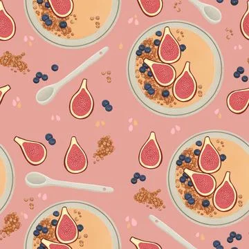 Smoothie bowl seamless pattern with figs, oats Stock Illustration