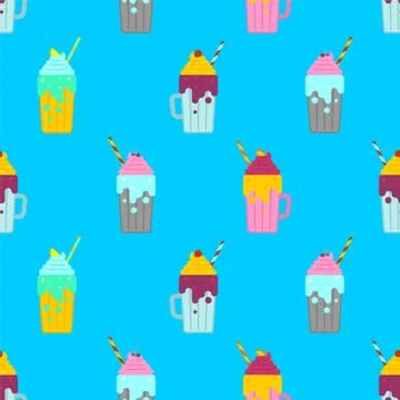 Smoothie pattern seamless with cream. Milkshake with straw. Thick fruit drink Stock Illustration