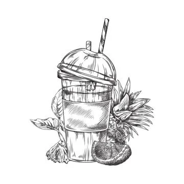 Smoothie with pineapple and orange slice engraved hand drawn vector, tropical Stock Illustration