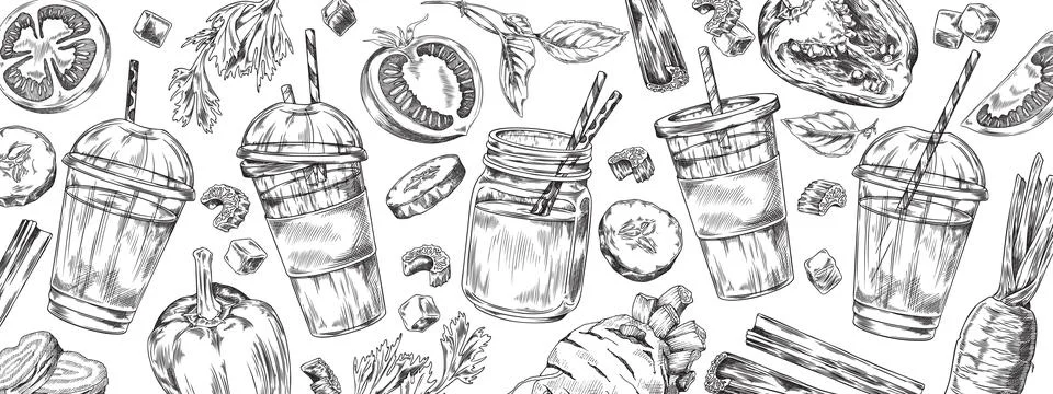 Smoothie with vegetables on pattern border engraved hand drawn vector, natural Stock Illustration