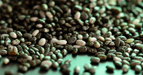 Smoothly shift focus from top to bottom on chia seeds lying in the green light Stock Footage 154246226