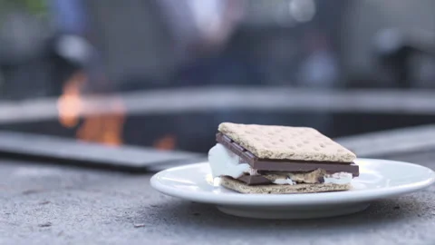 A smore sitting in front of a campfire in slow motion Stock Footage 132510580