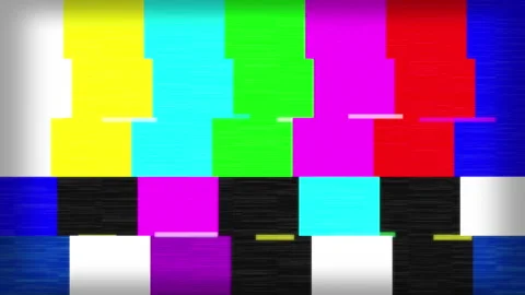 SMPTE color bars test pattern with digital signal glitch noise and television Vidéo 346740667