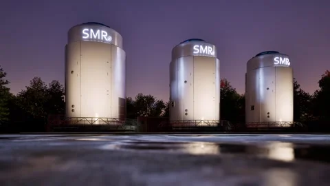 Smr or small modular nuclear reactors power plant against twilight sky Stock Footage 335194684