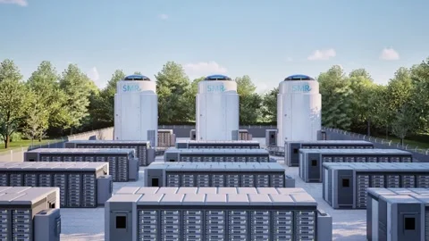 Smr or small modular nuclear reactors with energy storage system or battery.. Stock Footage 335194701