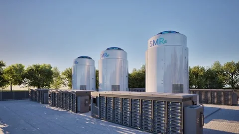 Smr or small modular nuclear reactors with energy storage system or battery.. Video stock 335194704