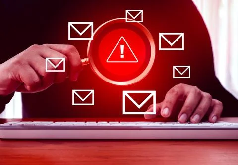 SMS and E-mail spam, danger text message alert concept. Red triangle icon, .. Stock Photos