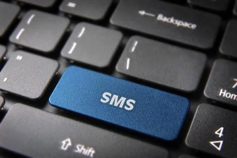 Sms blue keyboard key, messaging campaign background Stock Photos
