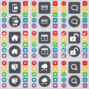 SMS, Credit card, Chat bubble, House, Calendar, Lock, Wallet, Cloud, Magnifying Stock Illustration