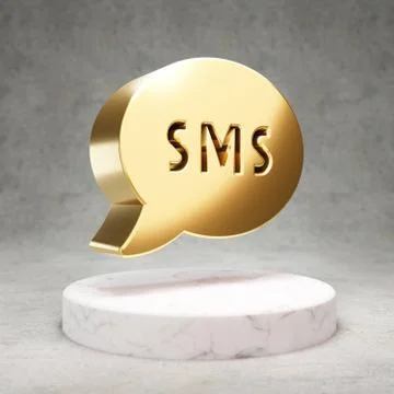 SMS icon. Shiny golden SMS symbol on white marble podium. Stock Illustration
