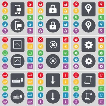 SMS, Lock, Checkpoint, Arrow up, Stop, Gear, Keyboard, Arrow down, Scroll icon s Stock Illustration
