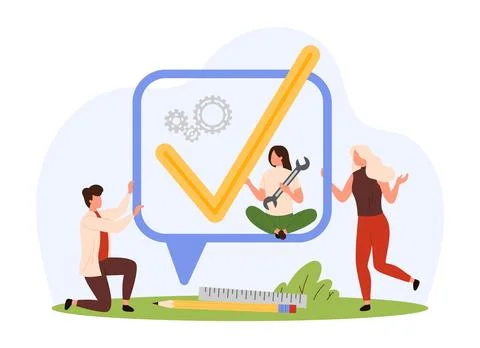 SMS notification, confirmation in popup messages, tiny people holding speech Stock Illustration